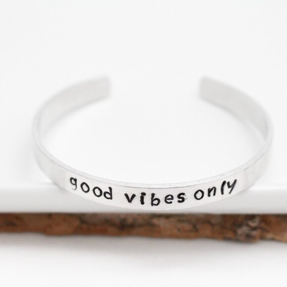 Good Vibes Only - Hand Stamped Anodized Aluminum Bangle - Adjustable - Picture 8 of 11